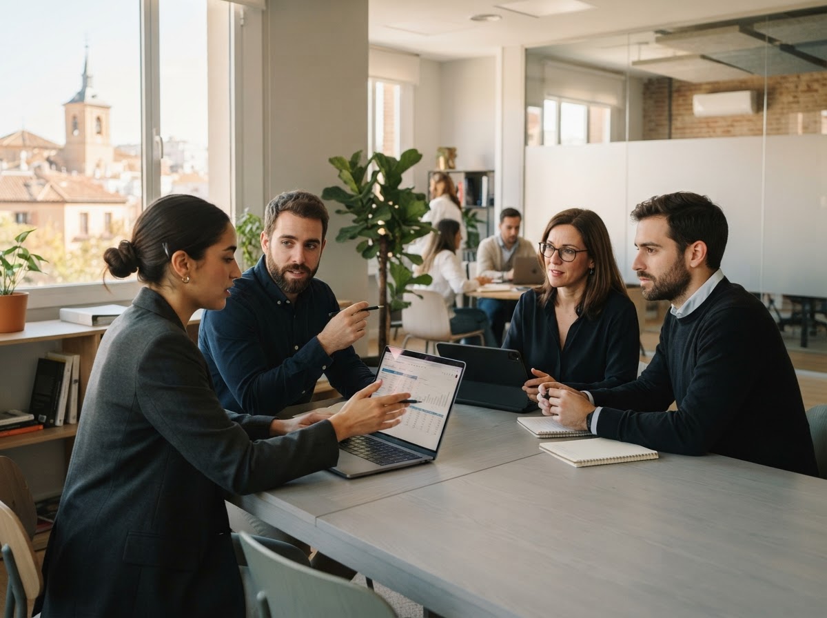 Áncora Cuotavesa — equipo analizando paneles de datos financieros en un entorno de trabajo moderno